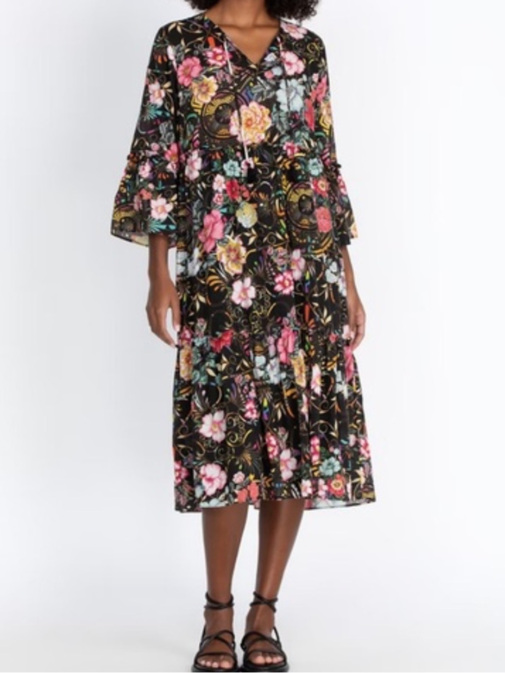 Johnny Was Naomi Peace Tiered Ruffle Midi Dress Size Large